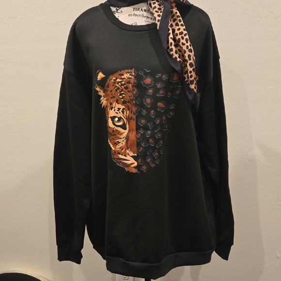 The Unbranded Brand Tops - Black Animal Print Leopard Lux Silky Black Sweatshirt ..Brand New Pit To Pit 27"